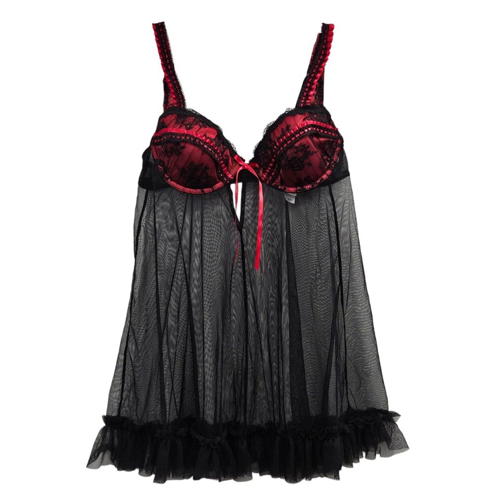 Delicates Red & Black Lace Mesh Babydoll Size M Underwire Lingerie Gothic Style